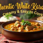 Delicious bowl of authentic white karahi garnished with ginger and green chilies served in a traditional metal dish