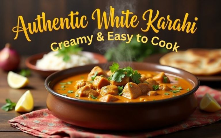 Delicious bowl of authentic white karahi garnished with ginger and green chilies served in a traditional metal dish